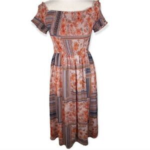 XHILARATION SMOCKED OFF-THE-SHOULDER PINK, BLUE, & YELLOW DRESS SZ.S EUC.